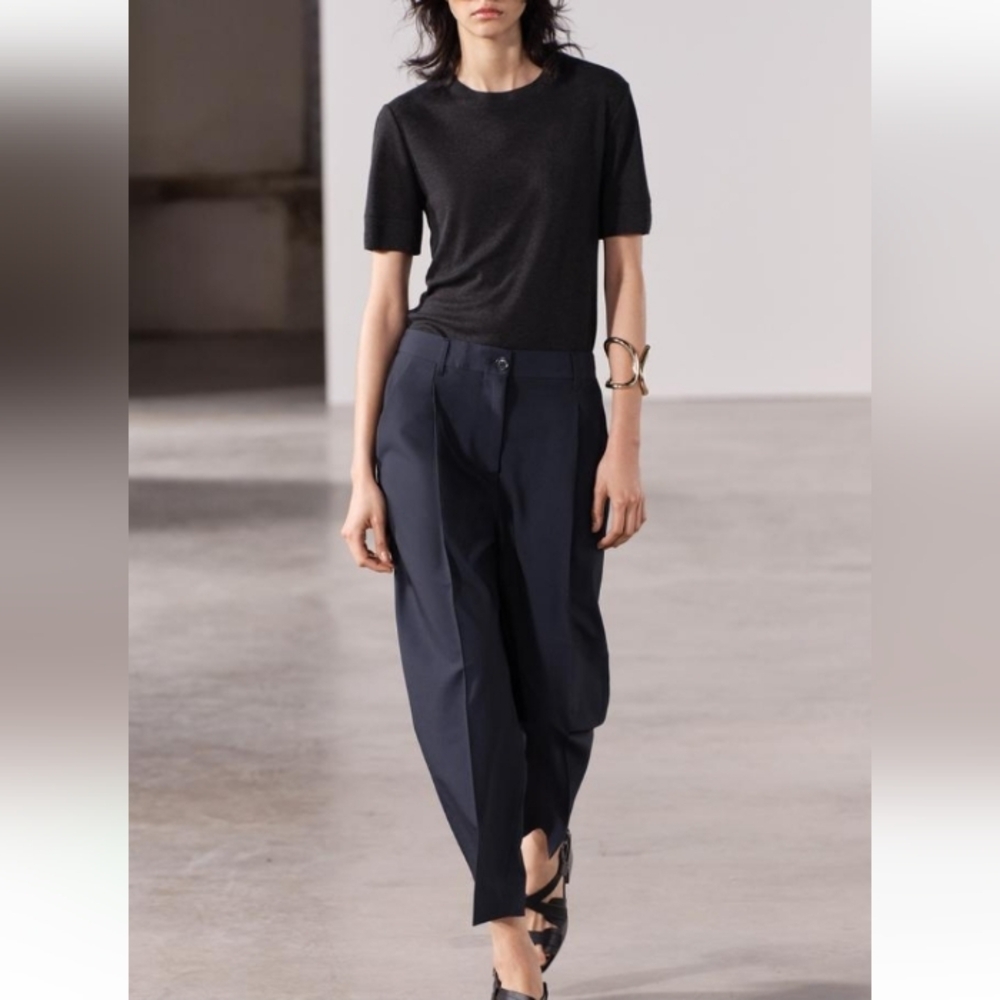 Zara ZW Collection Pleated Business Casual Cropped Pants With Elastic Waist